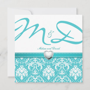 Aqua Blue Damask mit Personalisiertem Monogramm Einladung
