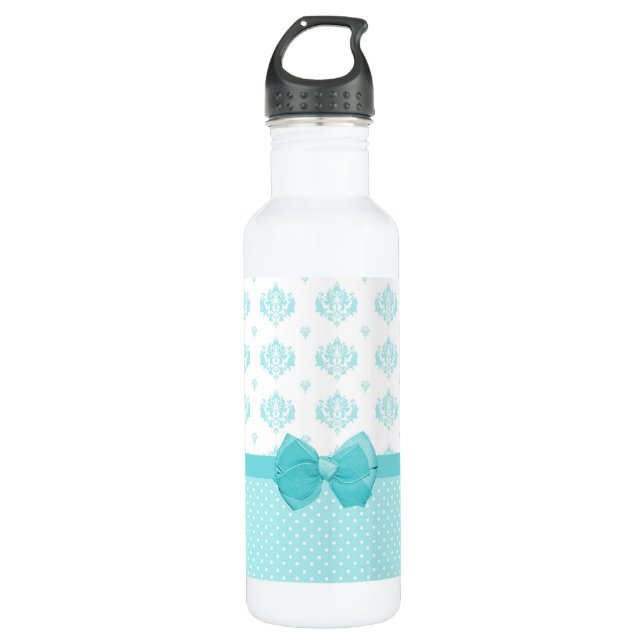 Aqua Blue Damask mit türkisfarbenem Ribbon Edelstahlflasche (Vorderseite)