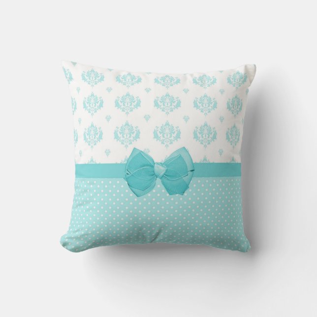 Aqua Blue Damask mit türkisfarbenem Ribbon Kissen (Vorderseite)