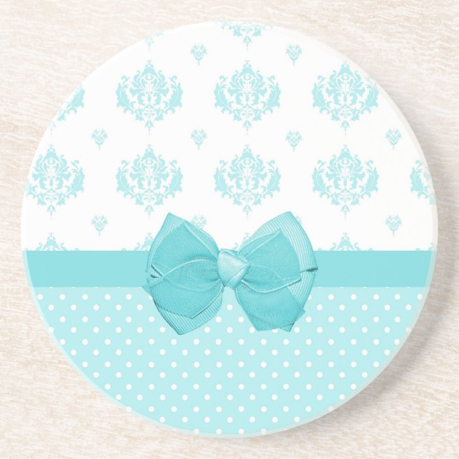 Aqua Blue Damask mit türkisfarbenem Ribbon Sandstein Untersetzer (Vorne)