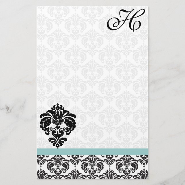 Aqua Blue Damask Monogram Gerecycelt Papier (Vorderseite)