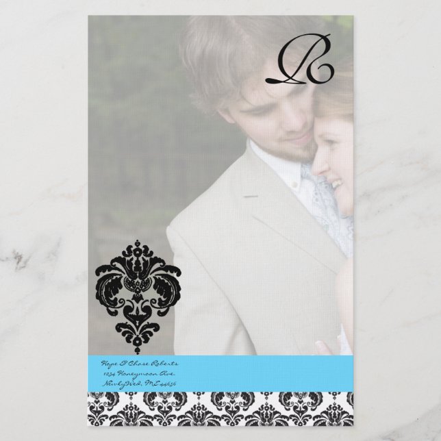 Aqua Blue Damask Monogram Wedding Briefpapier (Vorderseite)