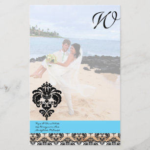 Aqua Blue Damask Monogram Wedding Briefpapier