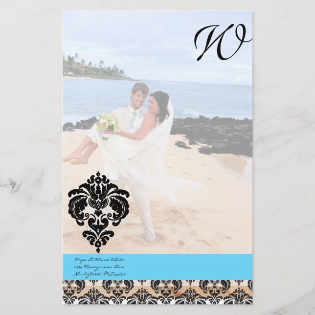 Aqua Blue Damask Monogram Wedding Briefpapier (Vorderseite)