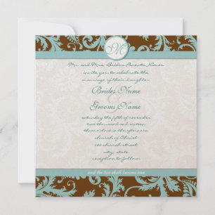 Aqua Blue Damask on Brown Christion Wedding Einladung