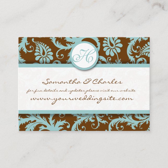 Aqua Blue Damask on Brown Damask Wedsite Cards Visitenkarte (Vorderseite)