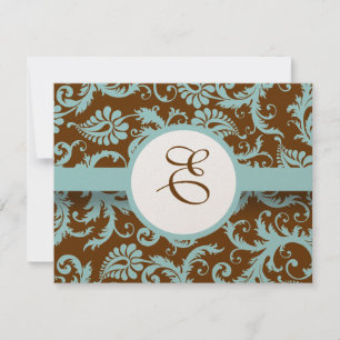 Aqua Blue Damask on Brown Wedding Einladung