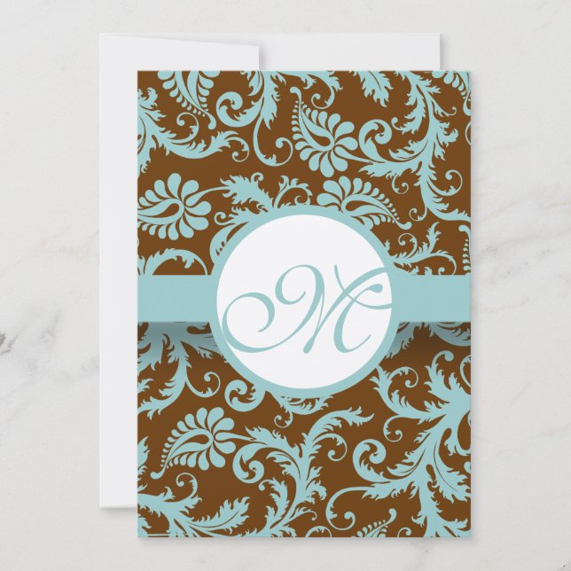 Aqua Blue Damask on Brown Wedding Einladung (Vorderseite)
