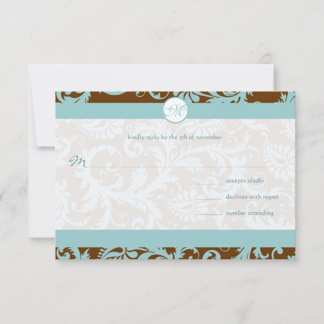 Aqua Blue Damask on Brown Wedding Einladung (Vorderseite)