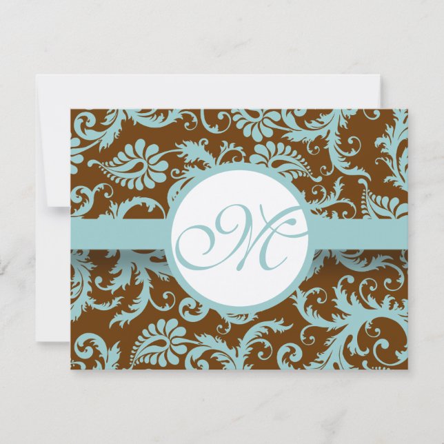Aqua Blue Damask on Brown Wedding Einladung (Vorderseite)