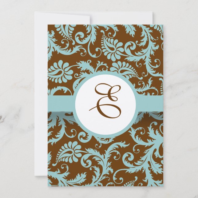 Aqua Blue Damask on Brown Wedding Einladung (Vorderseite)