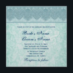 Aqua Blue Damask Ribbon Wedding Einladung<br><div class="desc">Dieses Design mit dem Aqua Damask Band und dem aqua-blauen Grunge Damask Hintergrund macht eine elegante Hochzeitseinladung. Dieses Design wird derzeit auf einem eisfarbenen Metallpapier vorgestellt,  das Ihrer Hochzeit einen besonderen Schimmer und Glanz verleiht.</div>