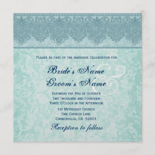 Aqua Blue Damask Ribbon Wedding Einladung