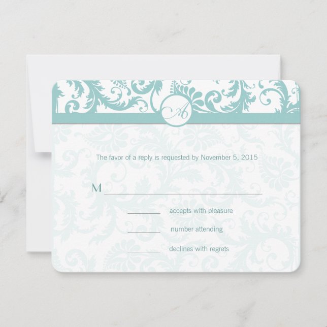 Aqua Blue Damask Wirbel Hochzeit Einladung (Vorderseite)