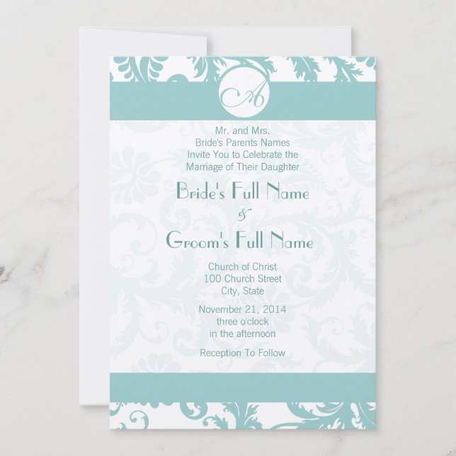 Aqua Blue Damask Wirbel Hochzeit Einladung (Vorderseite)