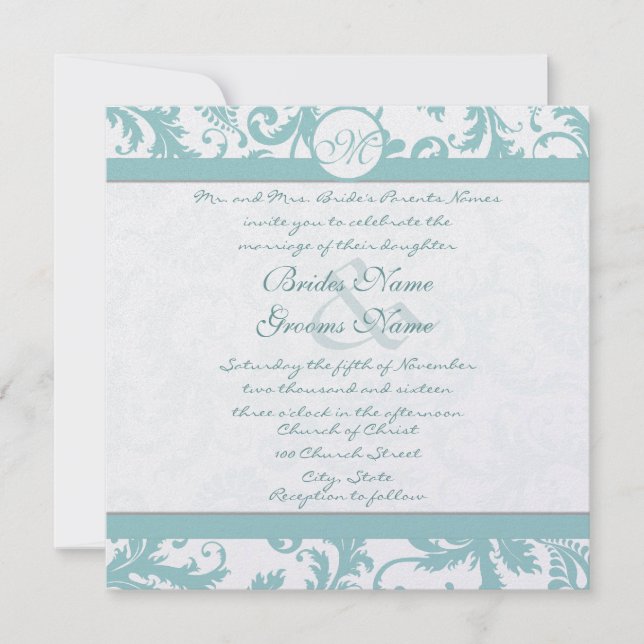 Aqua Blue Damask Wirbel Hochzeit Einladung (Vorderseite)