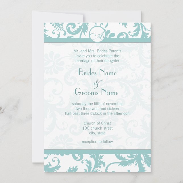 Aqua Blue Damask Wirbel Hochzeit Einladung (Vorderseite)