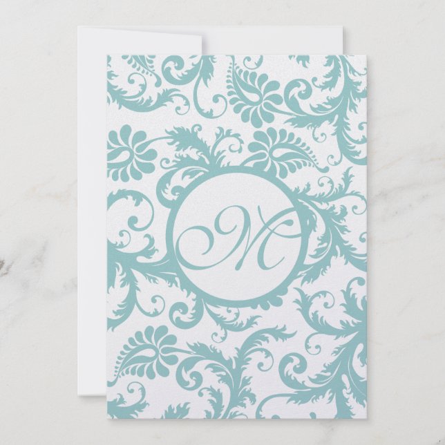 Aqua Blue Damask Wirbel Hochzeit Einladung (Vorderseite)