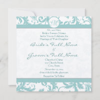 Aqua Blue Damask Wirbel Hochzeit Einladung
