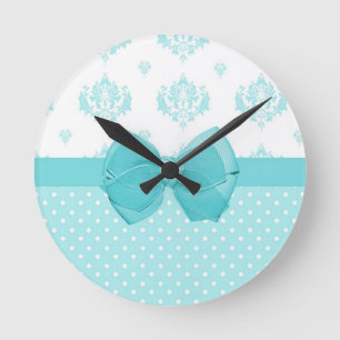Aqua Blue Damask With Turquoise Ribbon Runde Wanduhr