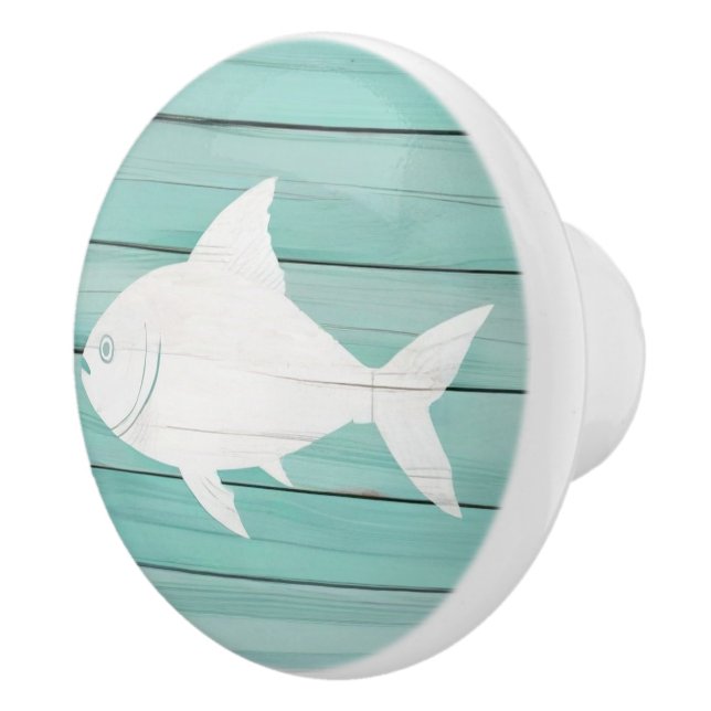 Aqua Blue Fish Imitats Wood Nautical Drawer Knopf Keramikknauf (Rechts)