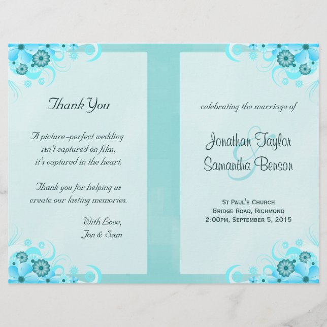 Aqua Blue Floral BiFold Hochzeitsprogramm Vorlagen (Vorderseite)