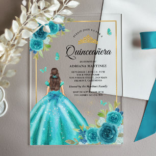 Aqua Blue Floral Dress Butterfly Gold Quinceanera Acryleinladungen