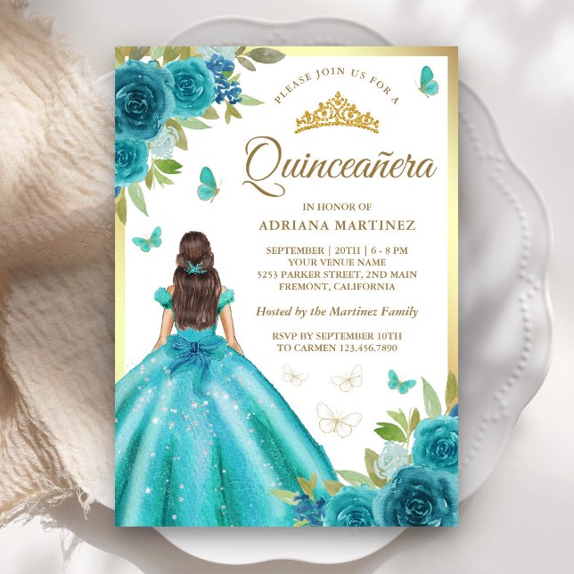 Aqua Blue Floral Dress Butterfly Gold Quinceanera Einladung (Von Creator hochgeladen)