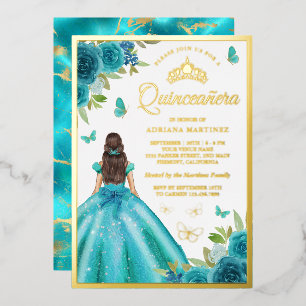 Aqua Blue Floral Dress Butterfly Quinceanera Gold Folieneinladung