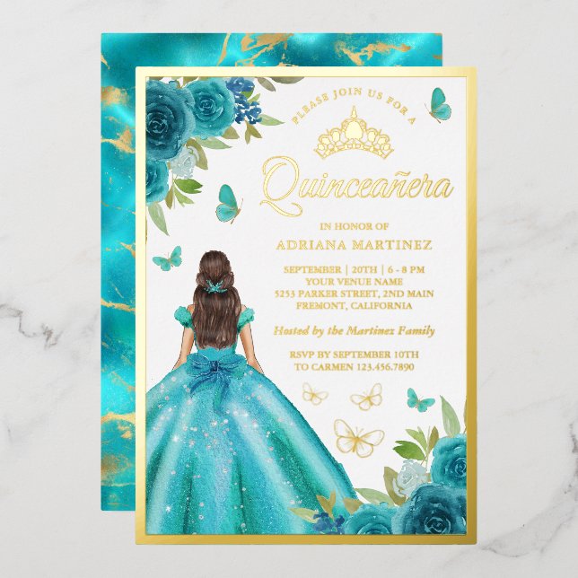 Aqua Blue Floral Dress Butterfly Quinceanera Gold Folieneinladung (Vorderseite/Rückseite)