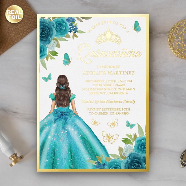 Aqua Blue Floral Dress Butterfly Quinceanera Gold Folieneinladung (Von Creator hochgeladen)