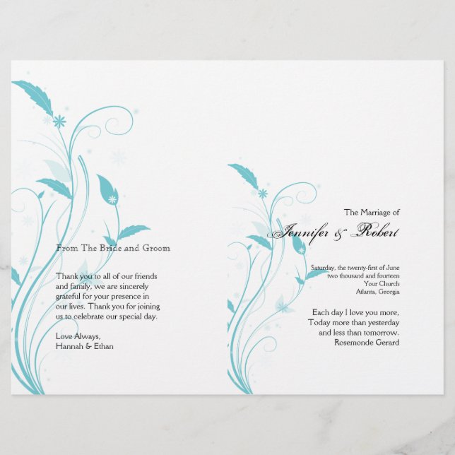 Aqua Blue Floral Filigree Wedding Program (Vorderseite)
