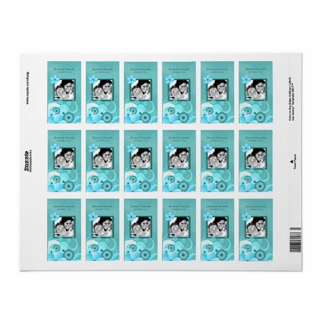 Aqua Blue Floral Hibiskus Hochzeit Foto Gewürze We Adressaufkleber (Vorne)