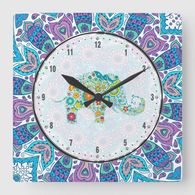 Aqua Blue Floral Lace & Colorful Elephant Quadratische Wanduhr (Vorderseite)