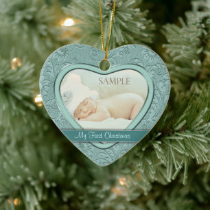 Aqua Blue Floral Swirl Baby First Christmas Keramik Ornament