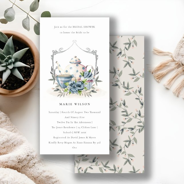 Aqua Blue Floral Teapot Cup Brautparty Einladung (Von Creator hochgeladen)