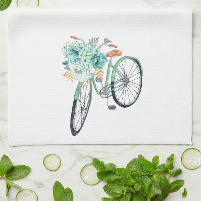 Aqua Blue Floral Vintages Fahrrad Bauernhof Geschirrtuch (Gefaltet)