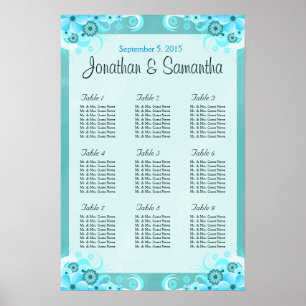 Aqua Blue Floral Wedding Table Seating Charts Poster