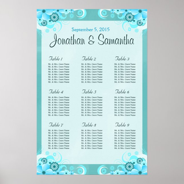 Aqua Blue Floral Wedding Table Seating Charts Poster (Vorne)