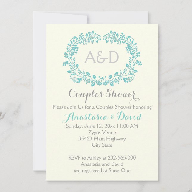 Aqua blue foliage initials Hochzeitspaare Dusche Einladung (Vorderseite)