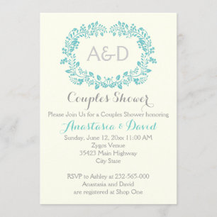 Aqua blue foliage initials Hochzeitspaare Dusche Einladung