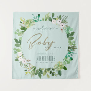 AQUA BLUE FOLIAGE WATERCOLOR BABY SHOWWICOME WANDTEPPICH