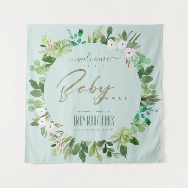 AQUA BLUE FOLIAGE WATERCOLOR BABY SHOWWICOME WANDTEPPICH (Vorderseite)