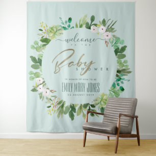 AQUA BLUE FOLIAGE WATERCOLOR BABY SHOWWICOME WANDTEPPICH