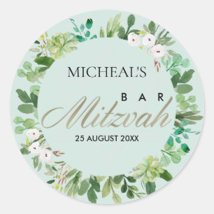 AQUA BLUE FOLIAGE WREATT STAR BAR BAT MITZVAH RUNDER AUFKLEBER