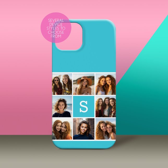 Aqua Blue Foto Collage Custom Monogram Case-Mate iPhone Hülle (Personalized Phone Case with Custom Photos and Text - Pick Your Device Style)
