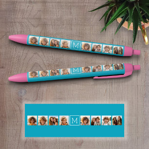 Aqua Blue Foto Collage Custom Monogram Kugelschreiber