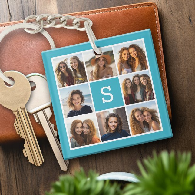 Aqua Blue Foto Collage Custom Monogram Schlüsselanhänger (Personalized keychain with photo collage and monogram)