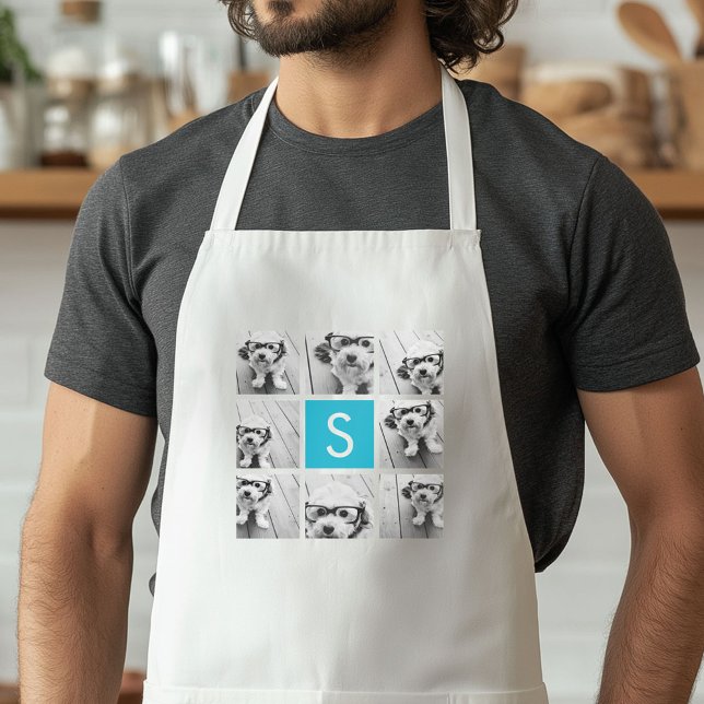 Aqua Blue Foto Collage Custom Monogram Schürze (Custom Apron with a Photo Collage)