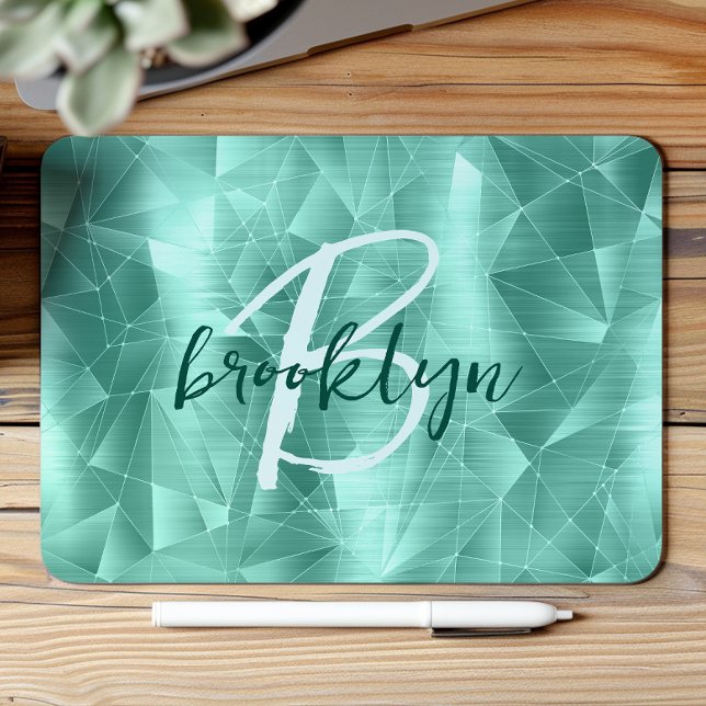 Aqua Blue Geometric Brushed Metal Script Monogram Mousepad (Von Creator hochgeladen)